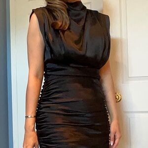 Babaton Black Satin Ruched Mini Dress